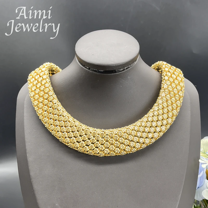 Trendy African Jewelry Set for Women Chunky Necklace Earrings Bracelet Dubai 18K Gold Plated Fashion Jewellery for Party Wedding