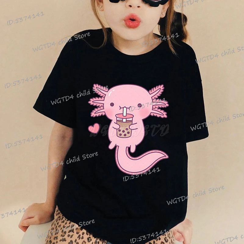 Comic Axolotl Bubble Bobo Tea Cartoon Summer Kids T-shirt Outdoor Casual Short Sleeve Y2K Tops Funny Axolotl Trendy Boy Girl Tee