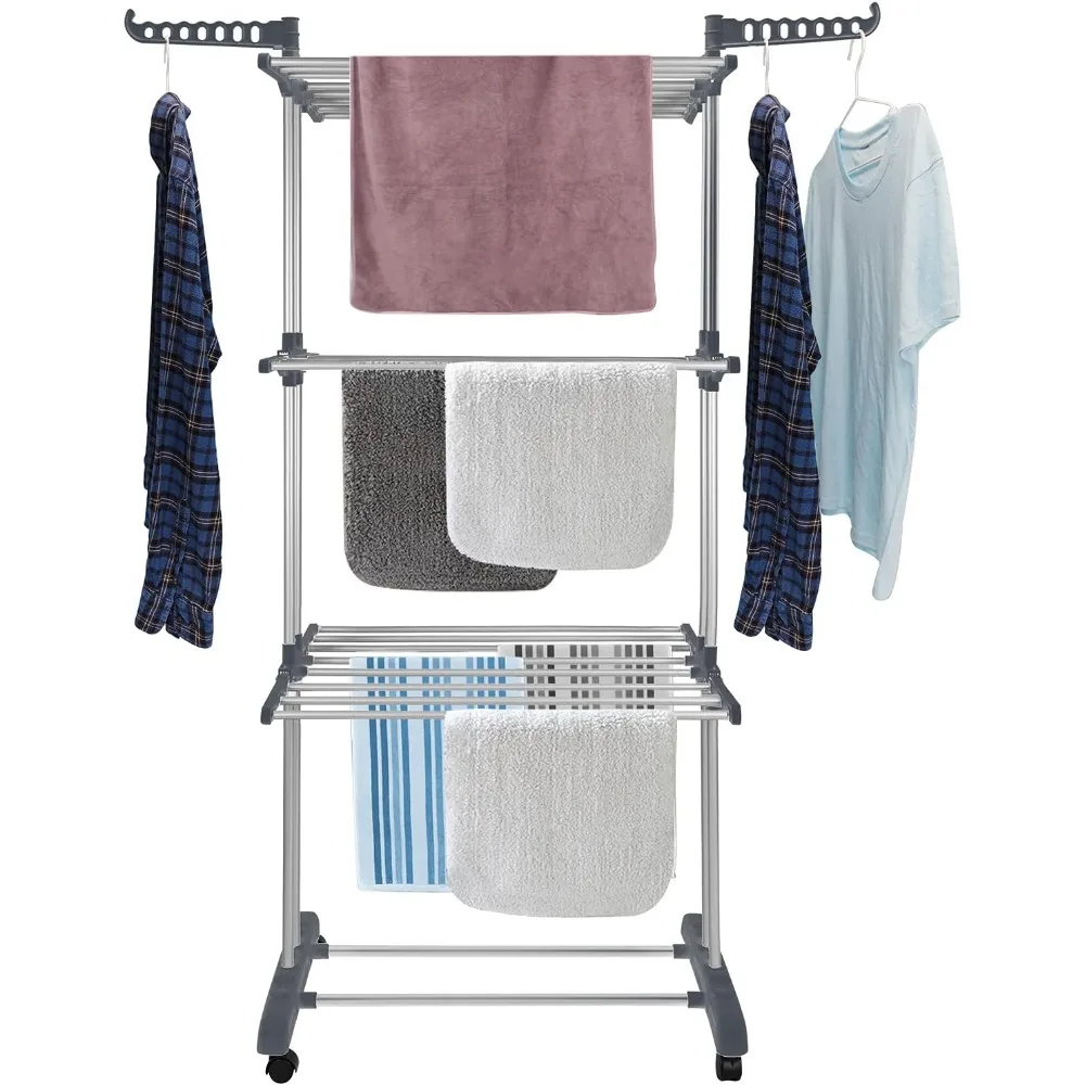 

Folding Stainless Steel Clothes Drying Rack with 4 Tiers, Side Wings, and Wheels for Indoor Outdoor Use