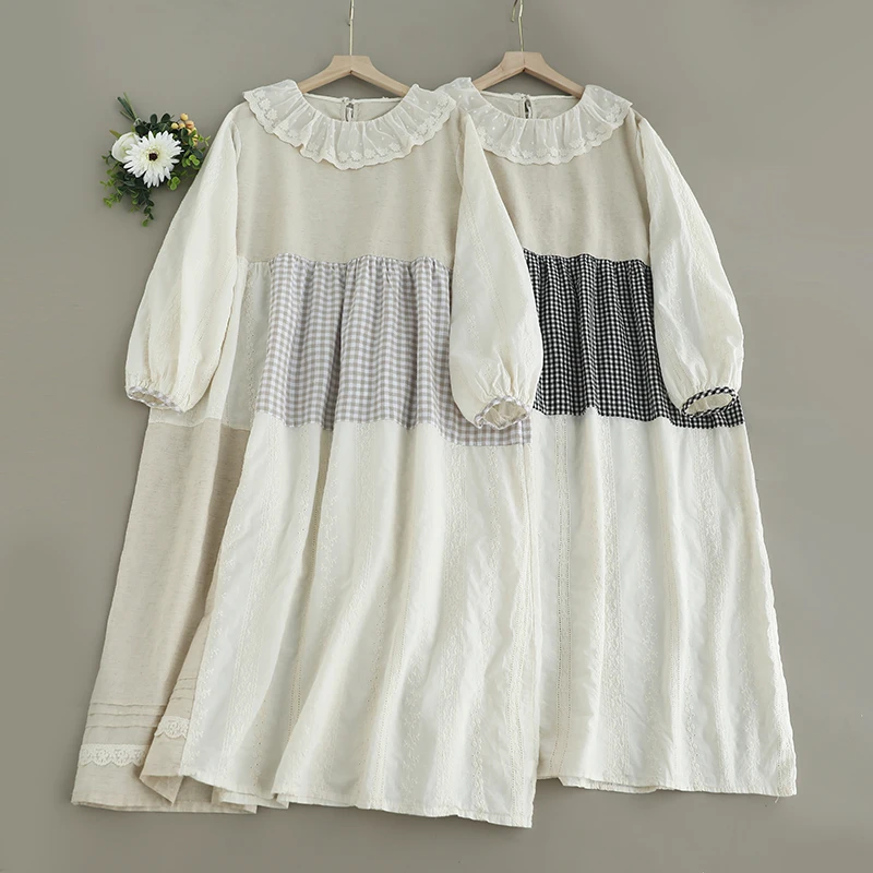 

Spring Summer New Japanese Sweet Mori Vintage Plaid Patchwork Lace Round Collar Dress Women Long Sleeve Casual Loose Midi Dress