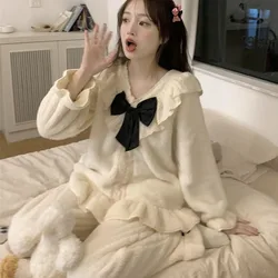 2024 New Coral Velvet Bow Pajamas Women Autumn Winter Falbala Sleepwear Set Warm Lovely Homewear Suit V-nek Loose Loungewear