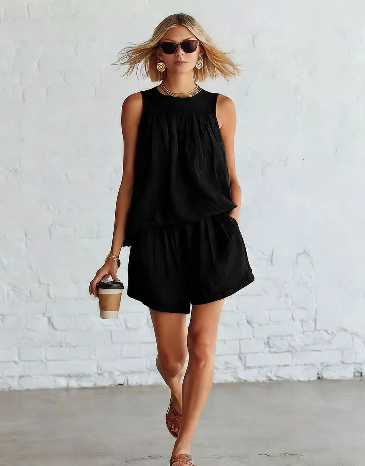Lässiges Damen-Loungewear-Set, 2-teilig, einfarbige ärmellose Weste und locker sitzende Shorts für den täglichen Gebrauch zu Hause. – Detail 1