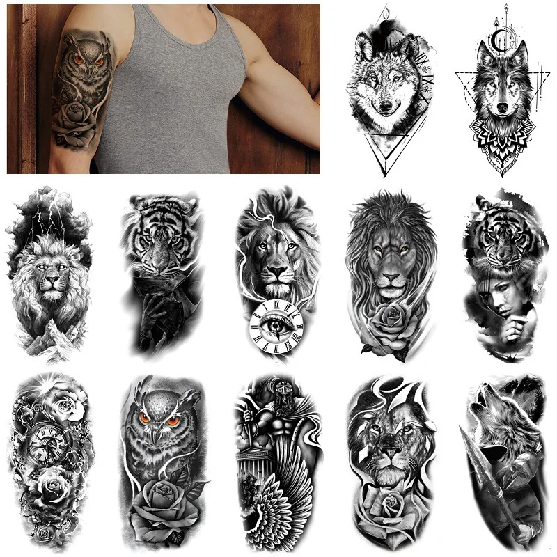 12pcs/set Black Forest Tattoo Sticker For Men Women Tiger Wolf Death Skull Temporary Fake Henna Skeleton King Animal Tatoo