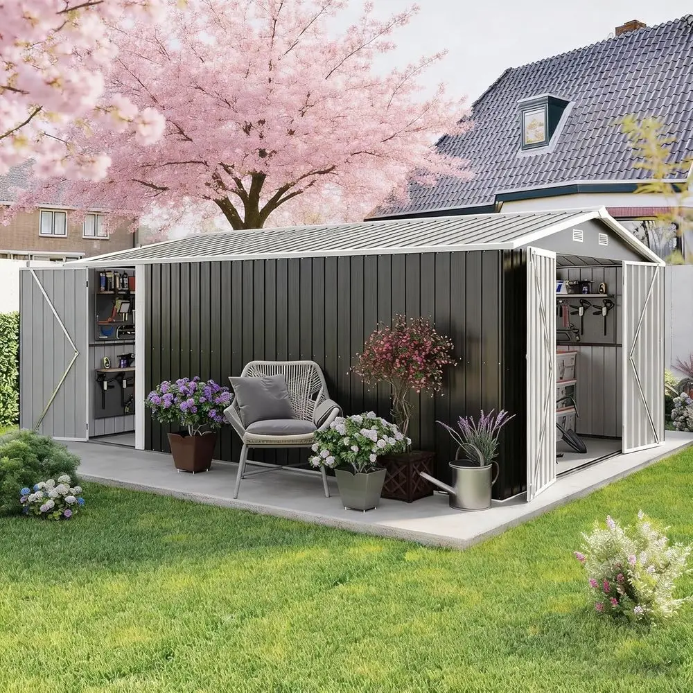 

Большой металлический сарай для хранения на открытом воздухе 10x14 футов с боковой дверью, 3 запираемыми распашными дверями, водонепроницаемый, 4 вентиляционных отверстия для сада, патио, заднего двора