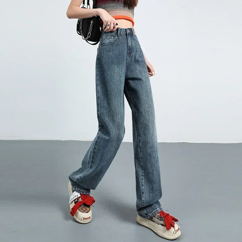 Women Retro Blue Black High Waist Wide Leg Jeans Lady Korean Style Straight Leg Denim Pants Fashion Streetwear Daily Trousers