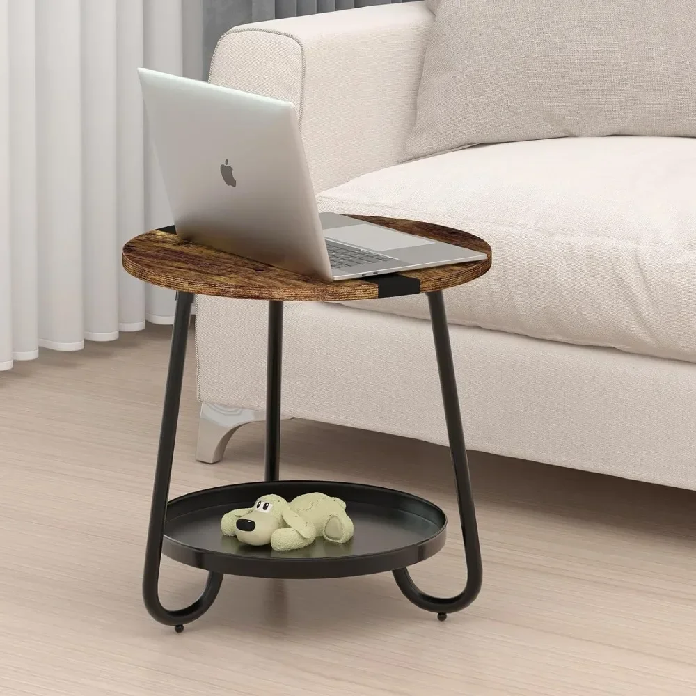 

#For 2 Tier Coffee Table in Living Room, Industrial Style Round End Table with Metal Tray, Small Outdoor Side Table for Bedroom&