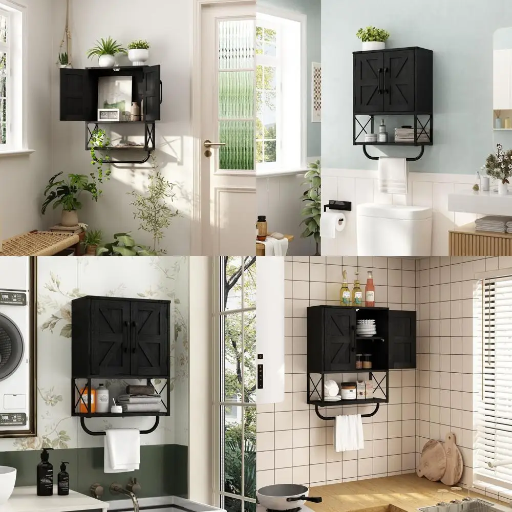 

Rustic Barn Door Medicine Cabinet, Wall-Mounted Storage with Adjustable Shelf & Towel Bar, 3-Tier for Bathroom or Living Room (B