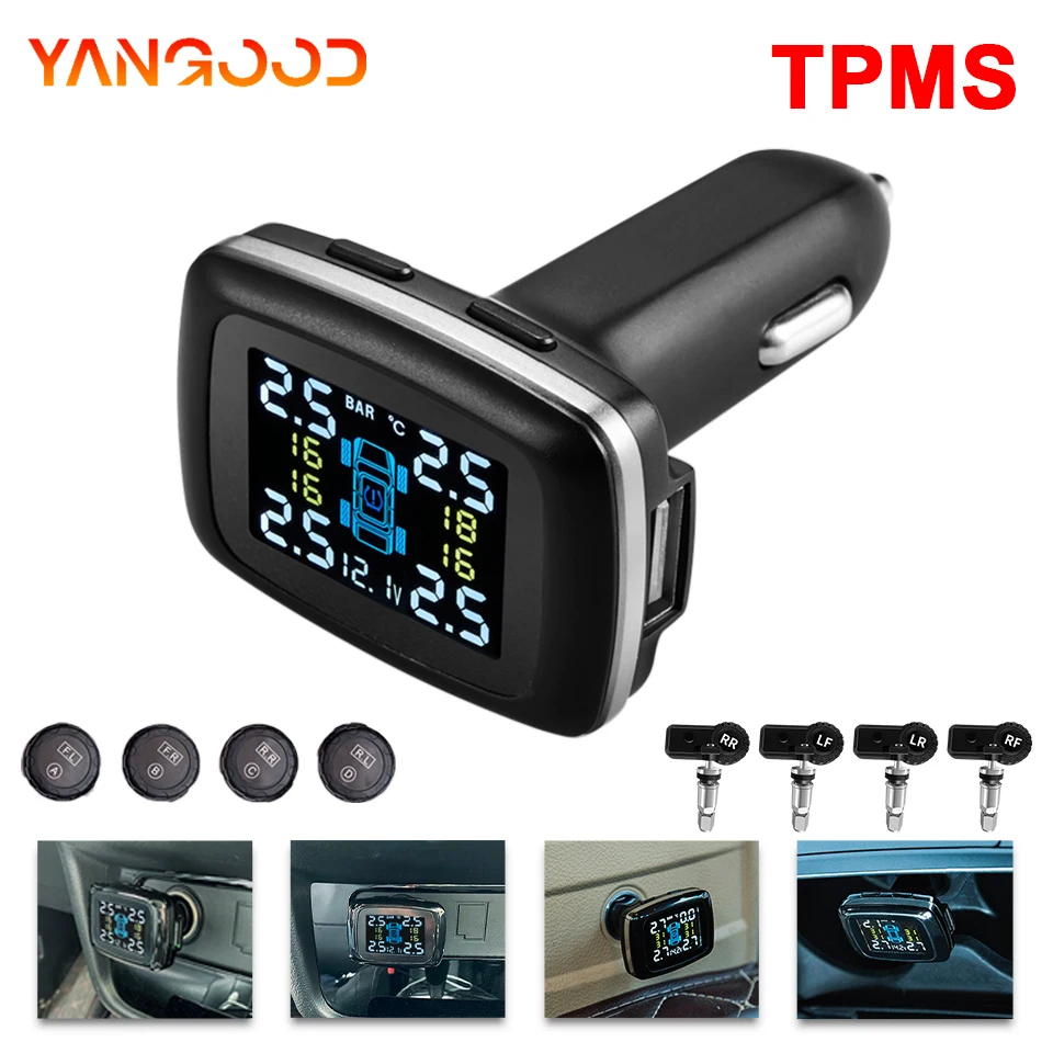 Yangood Allarme di monitoraggio della pressione dei pneumatici TPMS Installazione semplice Display della pressione dei pneumatici Allarme di sicurezza Ricarica per accendisigari