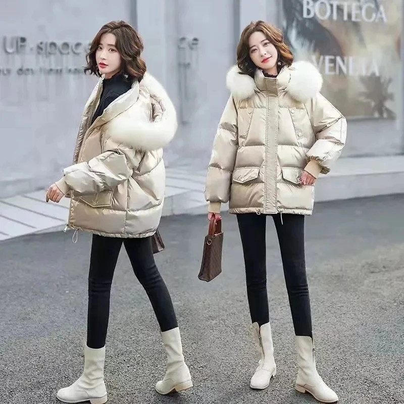 Short Down Cotton-Padded Jacket Women\'s Overcoat 2025 New Autumn Winter Leisure Glossy Loose Hooded Thicken Warm Parker Coat