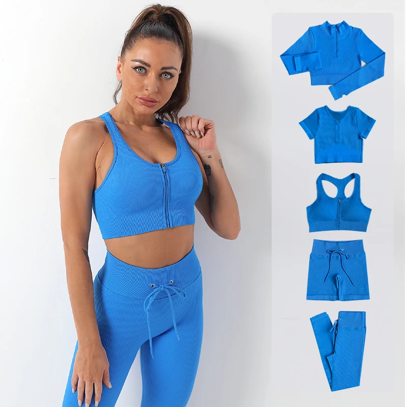2/3/5PC Women\'s tracksuit Seamless Yoga Set Workout Sportswear Gym Clothing Drawstring High Waist Leggings Fitness Sports Suits