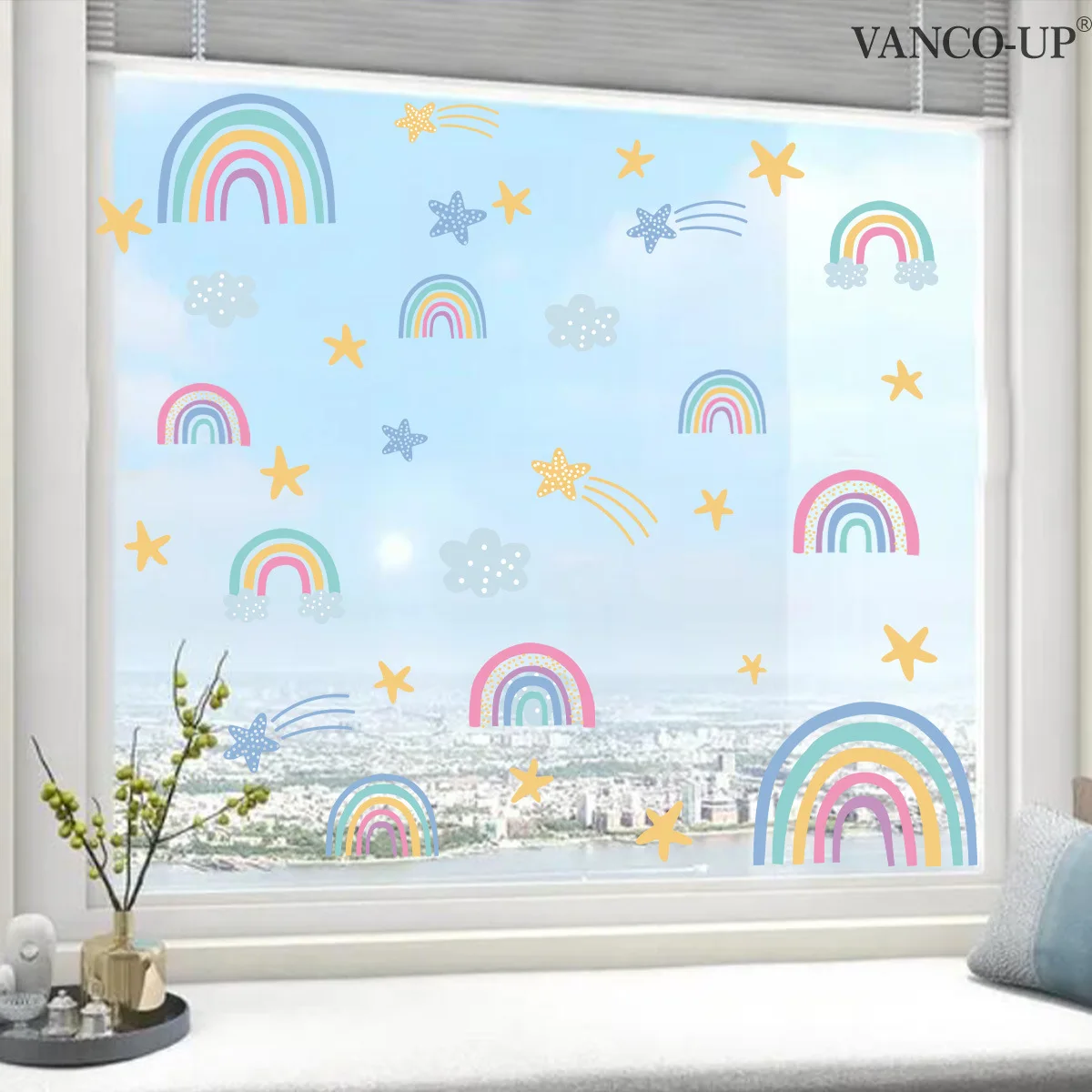`Macaron Rainbow Cloud Star Window Cling Stickers Boho Colorful Rainbow Shooting Star Vinyl Decals For Kids Room Glass Window Ho