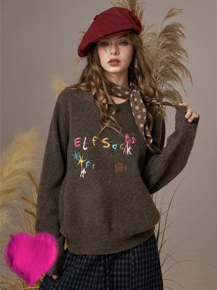 

Повседневный вязаный свитер женский зимний свободного кроя с вышивкой, имитацией камеры, модный пуловер с круглым вырезом, новый дизайн