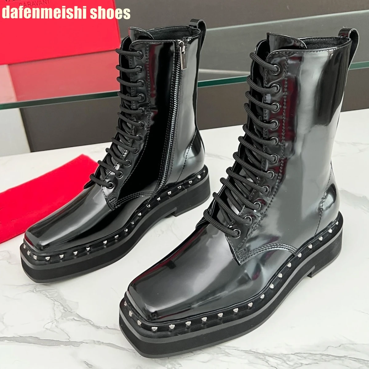 Black Patent Leather /matte Mid Boots 2025 New Fashion Women Boots Slip On Rivet Platform Square Toe Boots Lace Up Winter Shoes