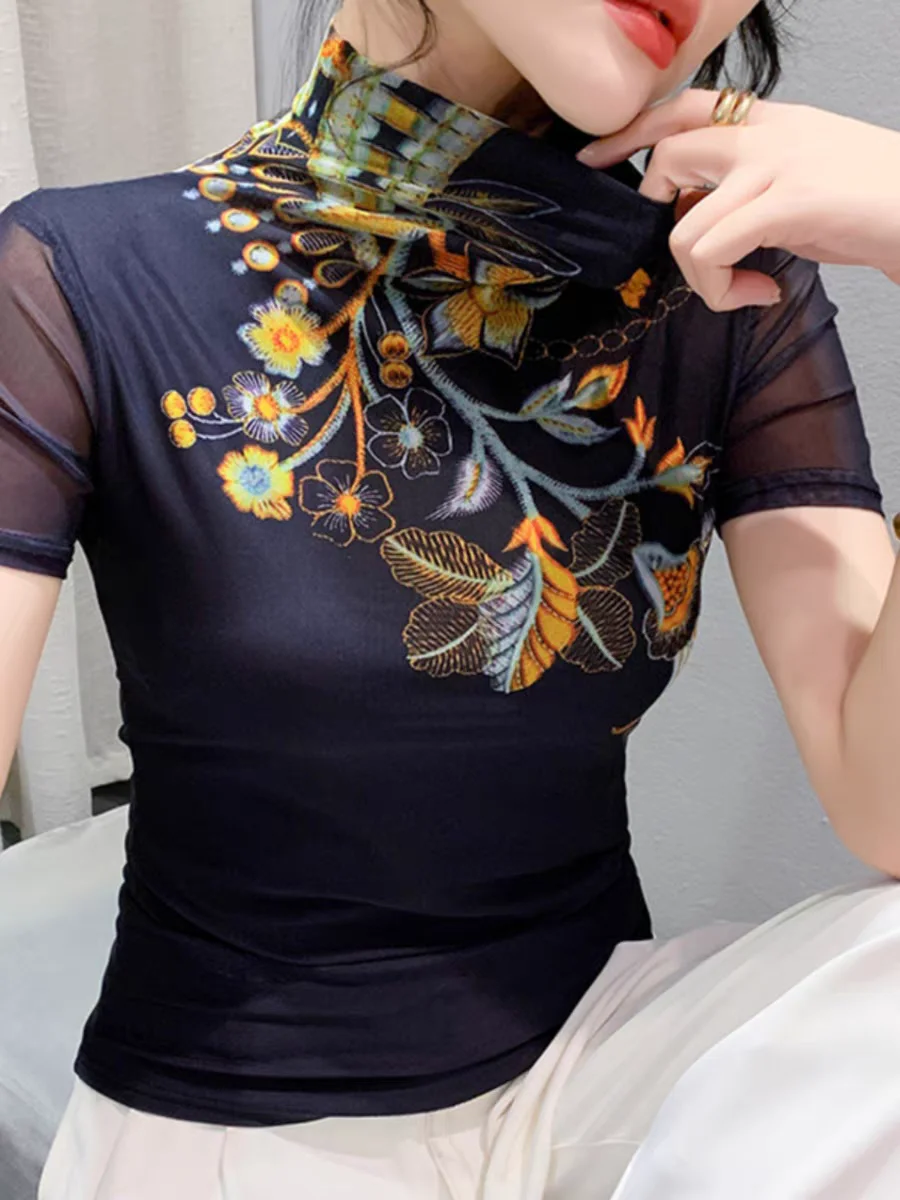 Girls Short Sleeve Stretchy Mesh T-shirts Women Half Turtleneck Positioning Print Floral Tshirt Slim Simple Tops For Female