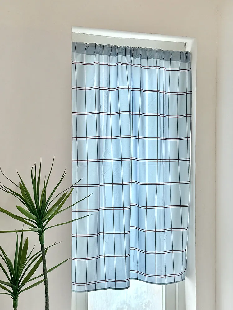 Korean Style Checkered Pattern Curtain Short Velvet Semi Blackout Partition Decoration Bedroom Bay Window Shading Background