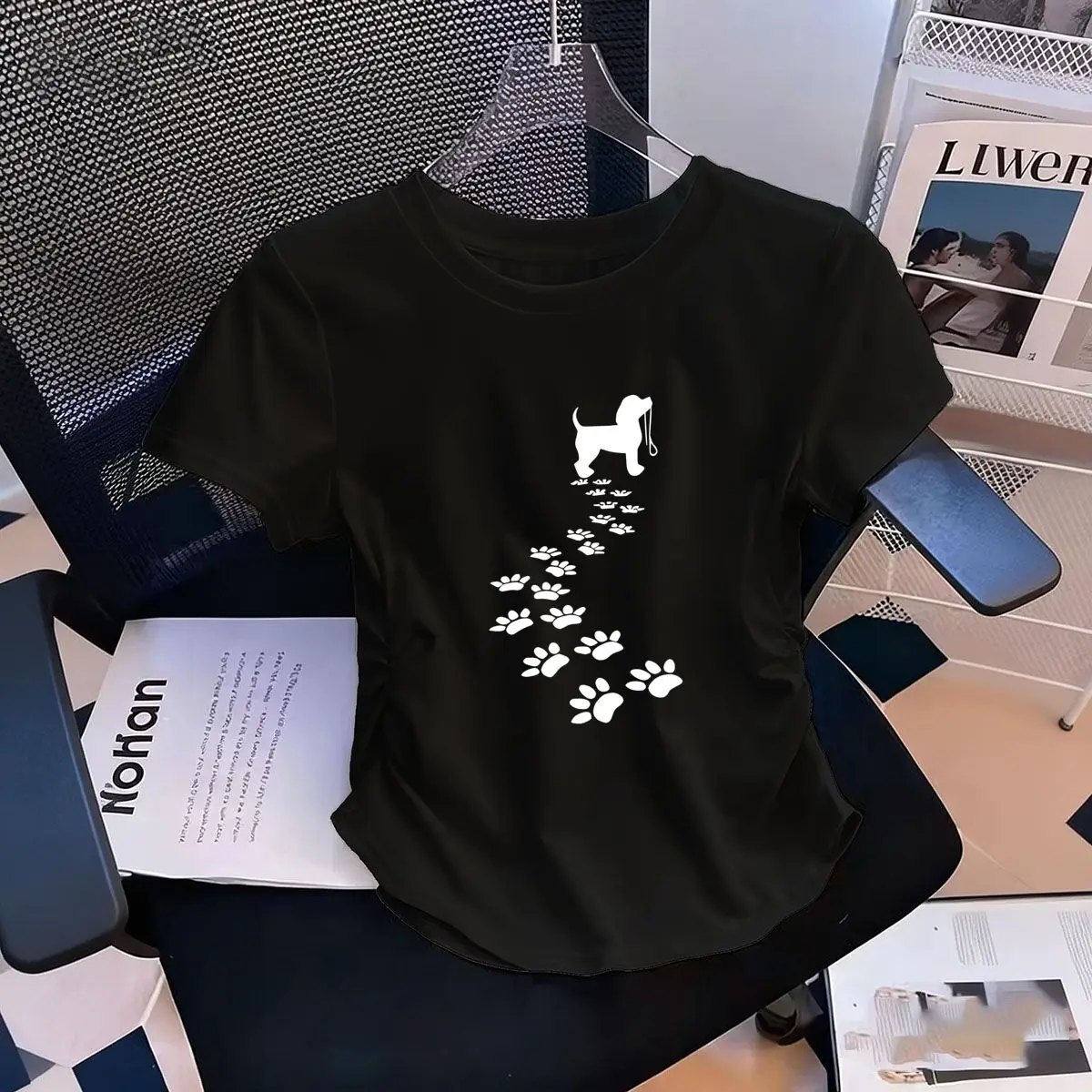 Women's Waist-Defining Elastic T Shirt Dog Paw Trails Printed Short Sleeve Round Neck Top Harajuku t-shirts
