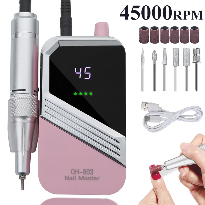 Perceuse à ongles électrique Portable professionnelle 45000 tr/min, ponceuse à ongles pour vernis Gel acrylique, outil de polissage des ongles Rechargeable