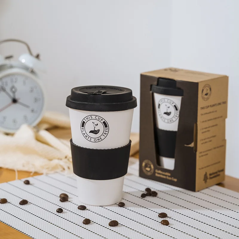 Bamboo Fiber Coffee Cup with Silicone Lid, Biodegradable Breakfast Milk Sticker Cups, Couple Cup, Birthday Gift Kawaii Cup