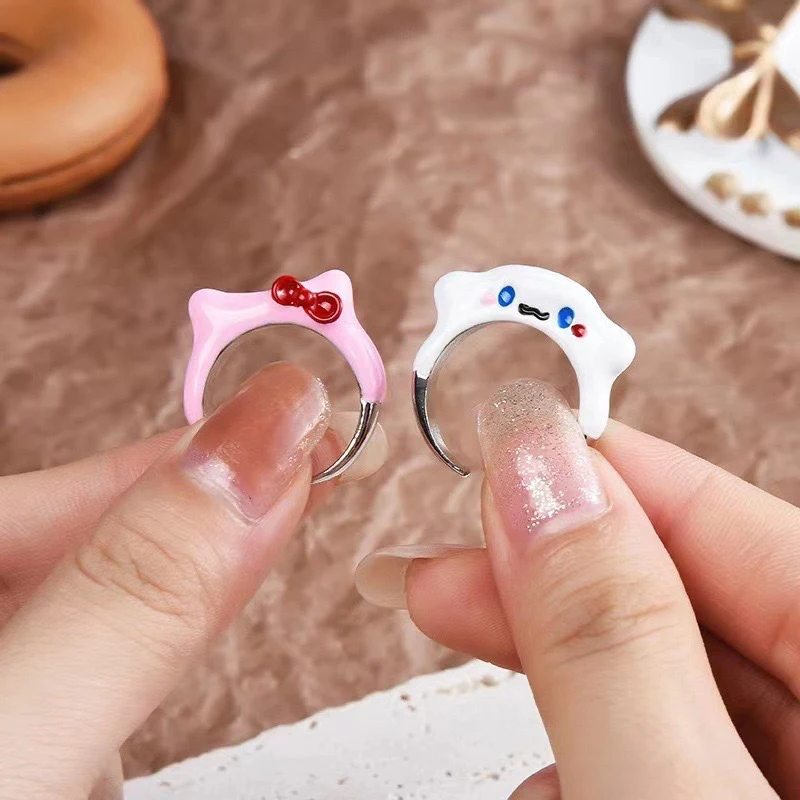 Lovely Pink Bow Kitty Anime Figure Kawaii Open Ring Cute Cartoon Cinnamoroll Couple Finger Decoration Toys Gift For Friends