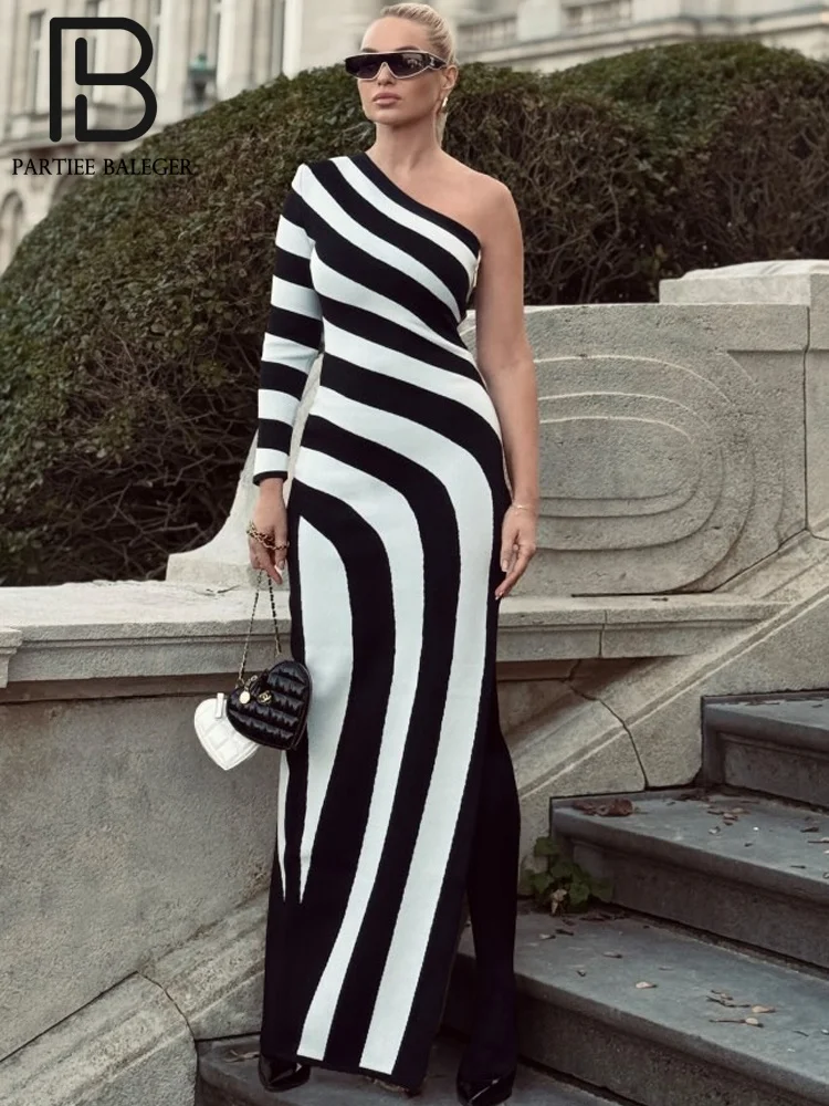 

PB Chic One-Shoulder Black and White Striped Maxi Bandage Dress With Side Slit Sexy Contrast High Waist Evening Party Gown