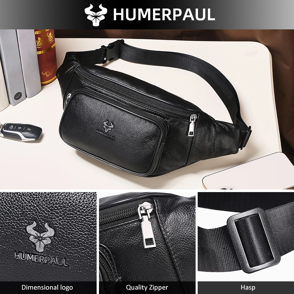 HUMERPAUL Cowhide Men's Waist Bag Casual Fanny Pack Chest Bag for Phone and Credit Card Travel Outdoor Adjustable Strap Belt Bag