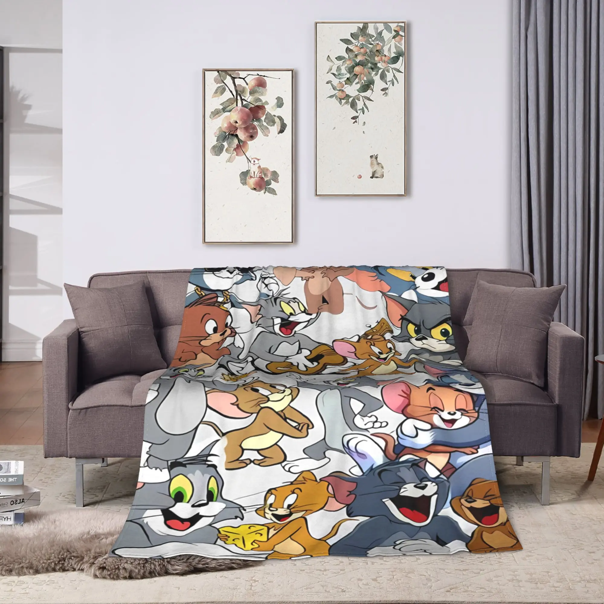 Tom Jerry Gray Collage Manga Flannel Blankets Winter  Warm Throw Blanket for Girls Boys Outdoor Print Bedspread Sofa Bed Cover