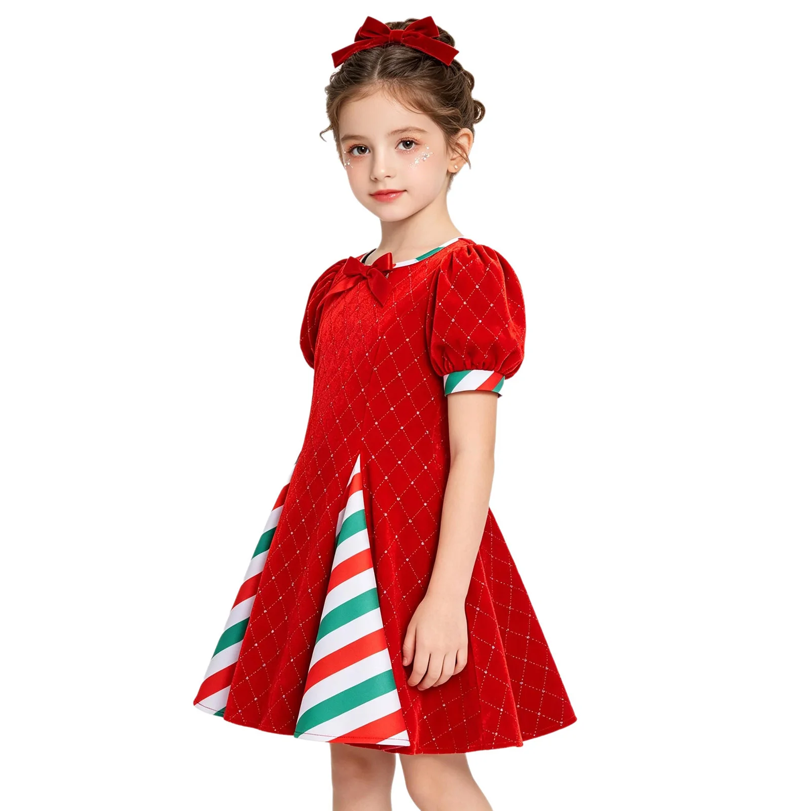 Vestido navideño para niñas, vestido de terciopelo con mangas cortas abullonadas, diseño de Papá Noel, con lazo y cremallera trasera, para fiestas y actuaciones.