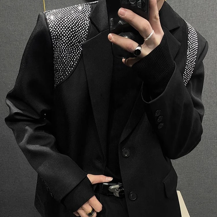 

European Style Heavy Industry Suit Coat Jacket Club Party Blazer Men Stage Suit High Quality Luxury Diamond Punk Blazer Jacket