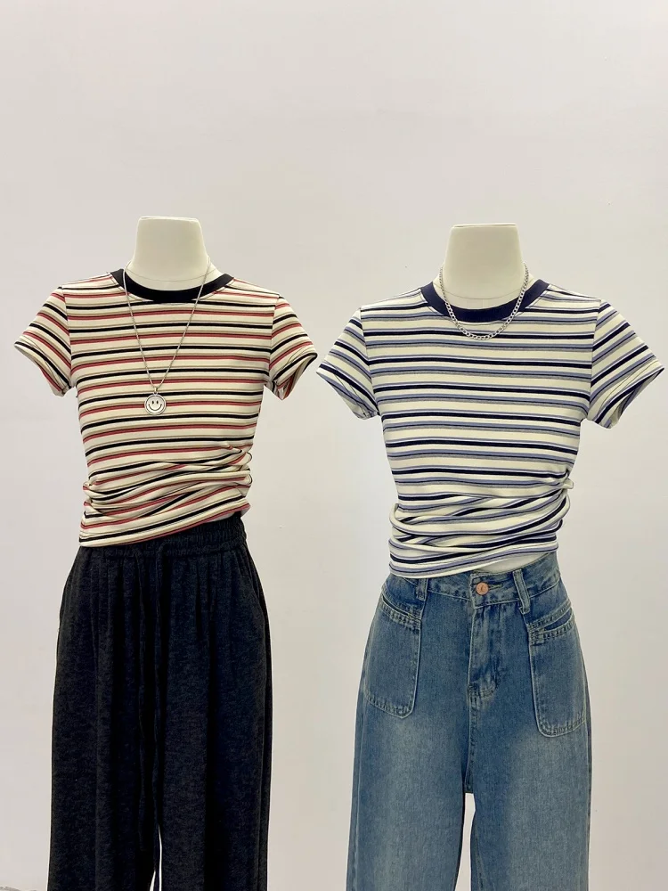 Korean Sle Striped Color Blo ort Sve T-irt Women's Slim Fit Base Layer Top Agel oulder Length Commute Faion
