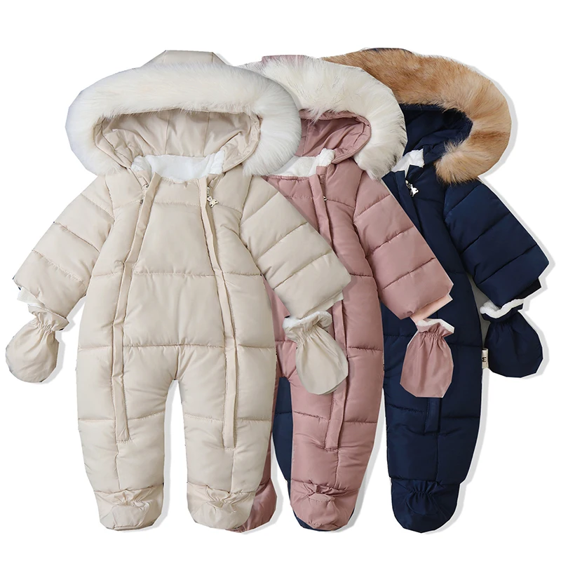 Winter Kids Ski Suit Winter Clothes Thicken Baby Romper With Gloves Warm Baby Jumpsuit Hooded Plus Velvet Children's Clothing