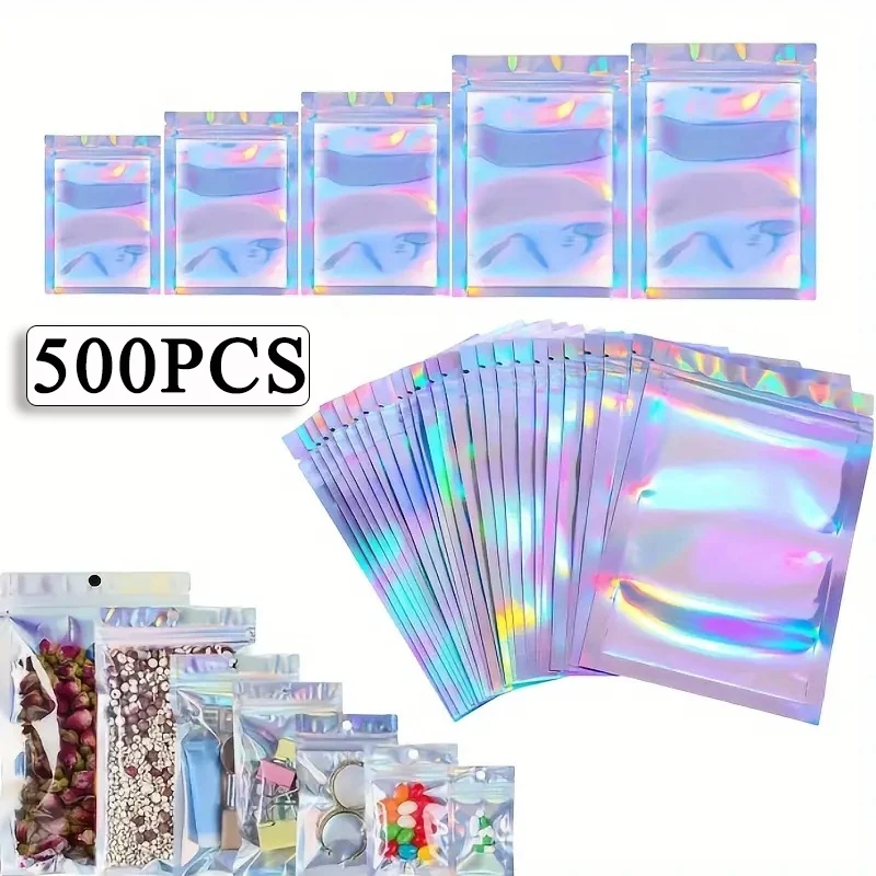 500PCS Laser Ziplock Bag Three Sizes Reusable for Jewelry Cell Phone Bags Snack Storage Jewelry Storage Kitchen Organizer Bags