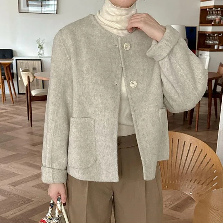 

Корейское и японское шерстяное пальто-жакет двойного назначения для женщин, свободного кроя, с пуговицами, утепленное, с длинными рукавами, круглым вырезом