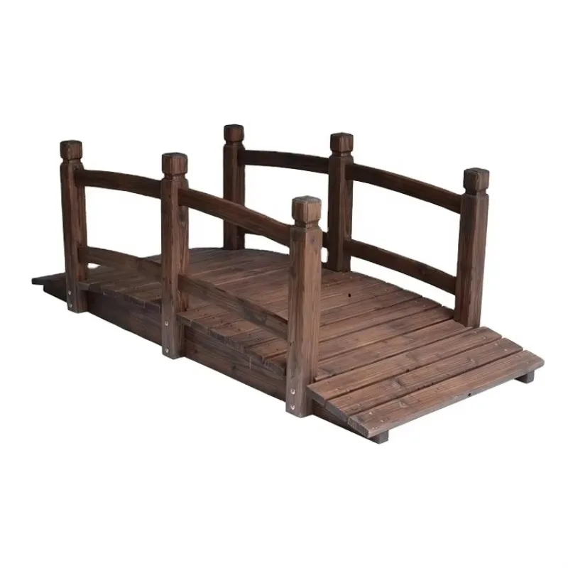 

Wooden Garden Bridge Burnt Brown Color, Wood Arc Footbridge with Safety Railings