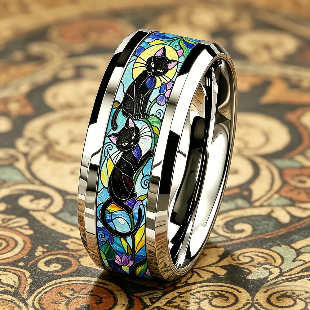 Artistic Style Abstract Black Cat Moon Ring Unique Stainless Steel Rings For Men Women Wedding Party Jewelry Gift for Cat Lovers