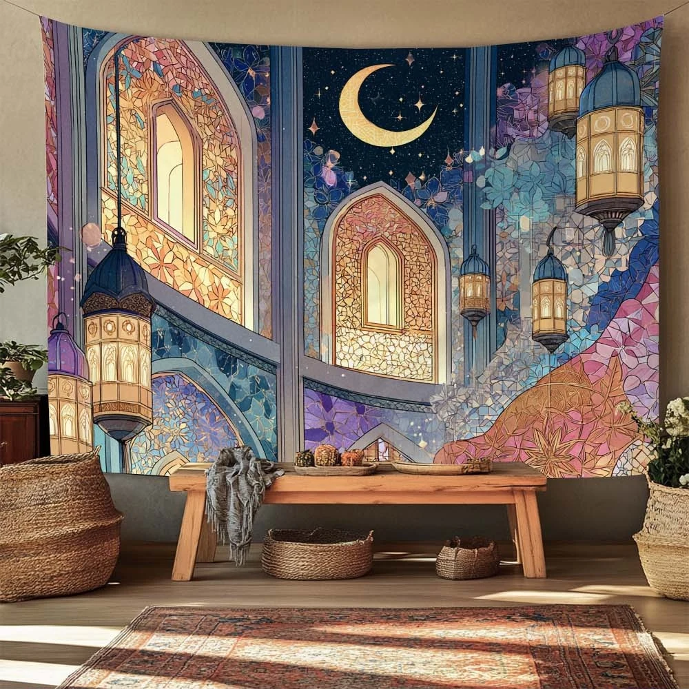 1pc Tapiz Colgante de Poliéster Colorido Bohemio con Diseño de Luna, Faroles y Paisaje Montañoso, Decoración para Habitación, Ho