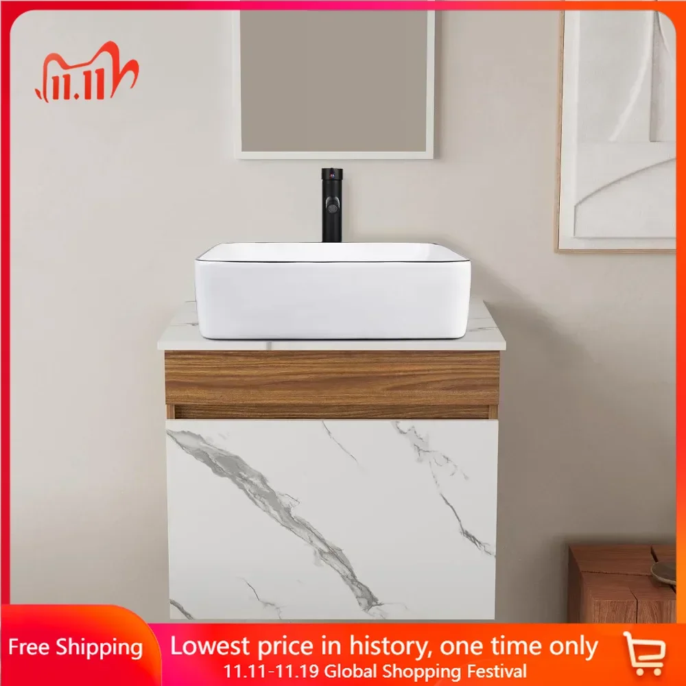 

24" Bathroom Vanity with Sink, Nested Drawers, White Ceramic, Modern Wall Mounted Marble Cabinet, Floating Bathroom Cabinet