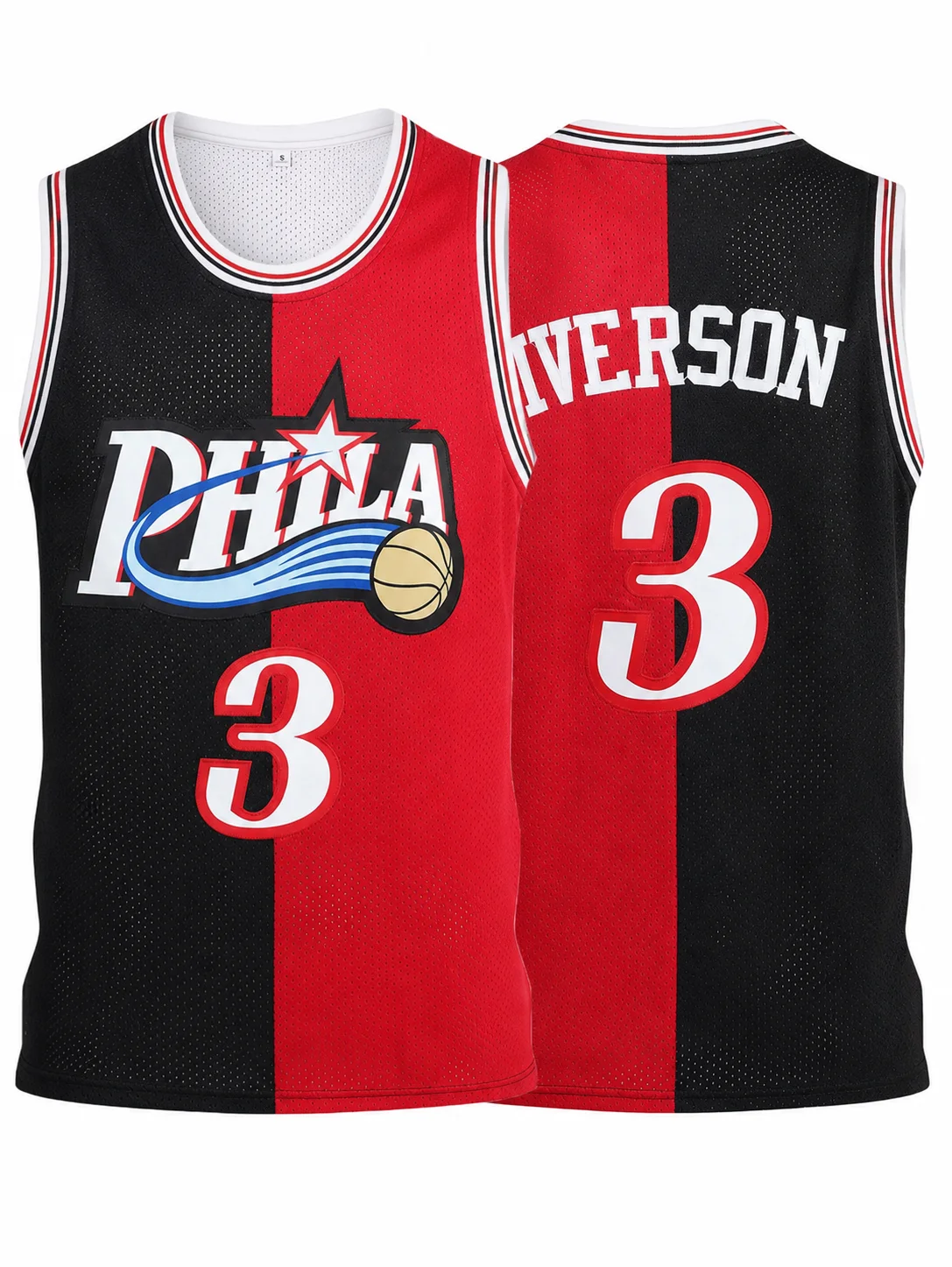 Retro Iverson 3 PHILA Split Jersey Black & Red Two-Tone Print Sports Uniform Casual 3d Printed Vest Kids and Men Women