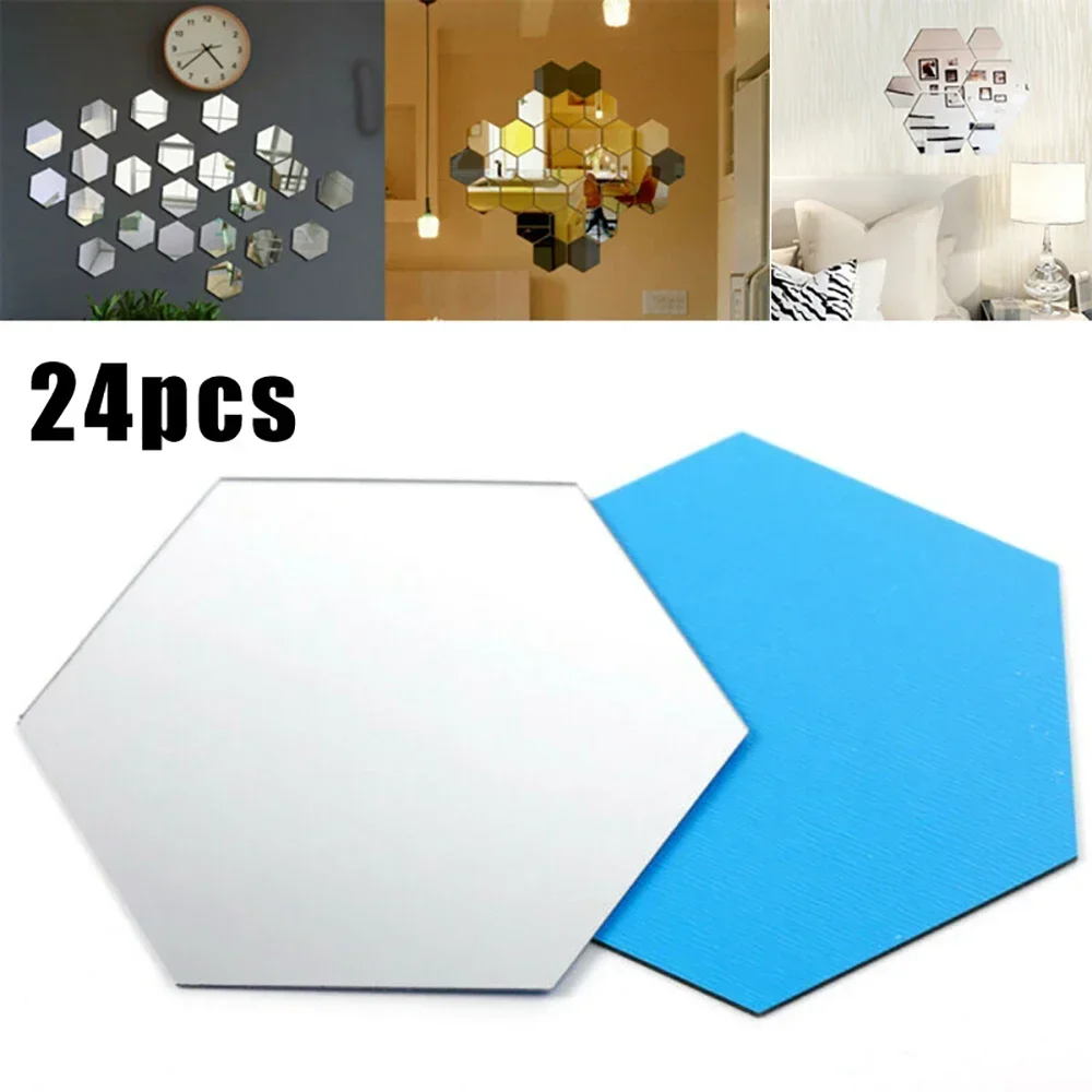 24Pcs Hexagon Acrylic Mirror Wall Sticker Home Decor DIY Removable Hexagonal Decorative Mirror Decal Art Ornaments For Home