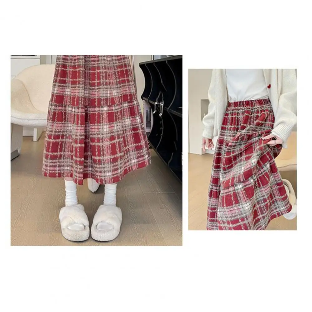 Soft Breathable Skirt Elegant High-waisted Plaid Woolen Skirt with Ruffle Detailing Stylish A-line Skirt for Autumn for Women