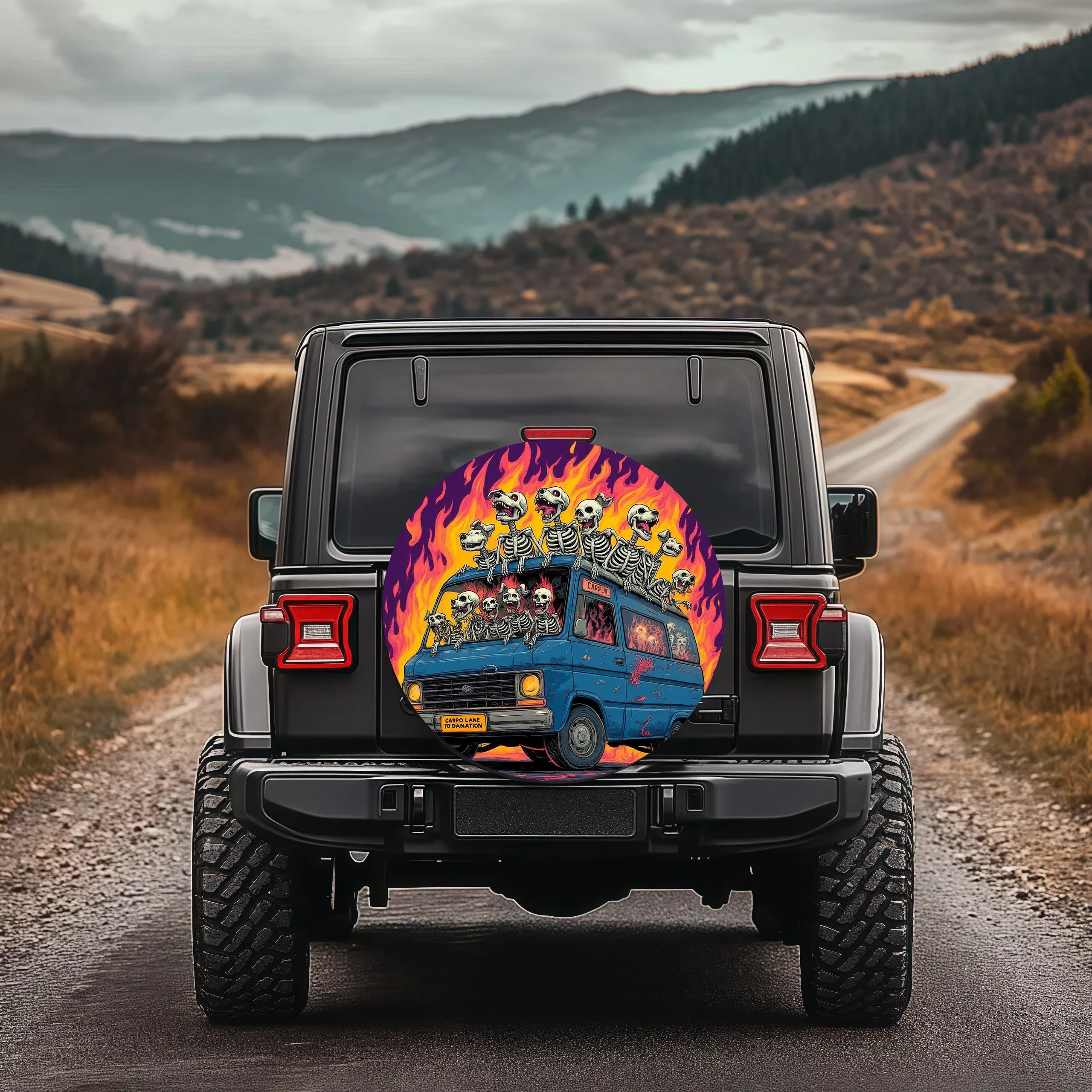 

Skeletons In Van Flame Spare Tire Cover Punk Rock Off Road SUV Accessory