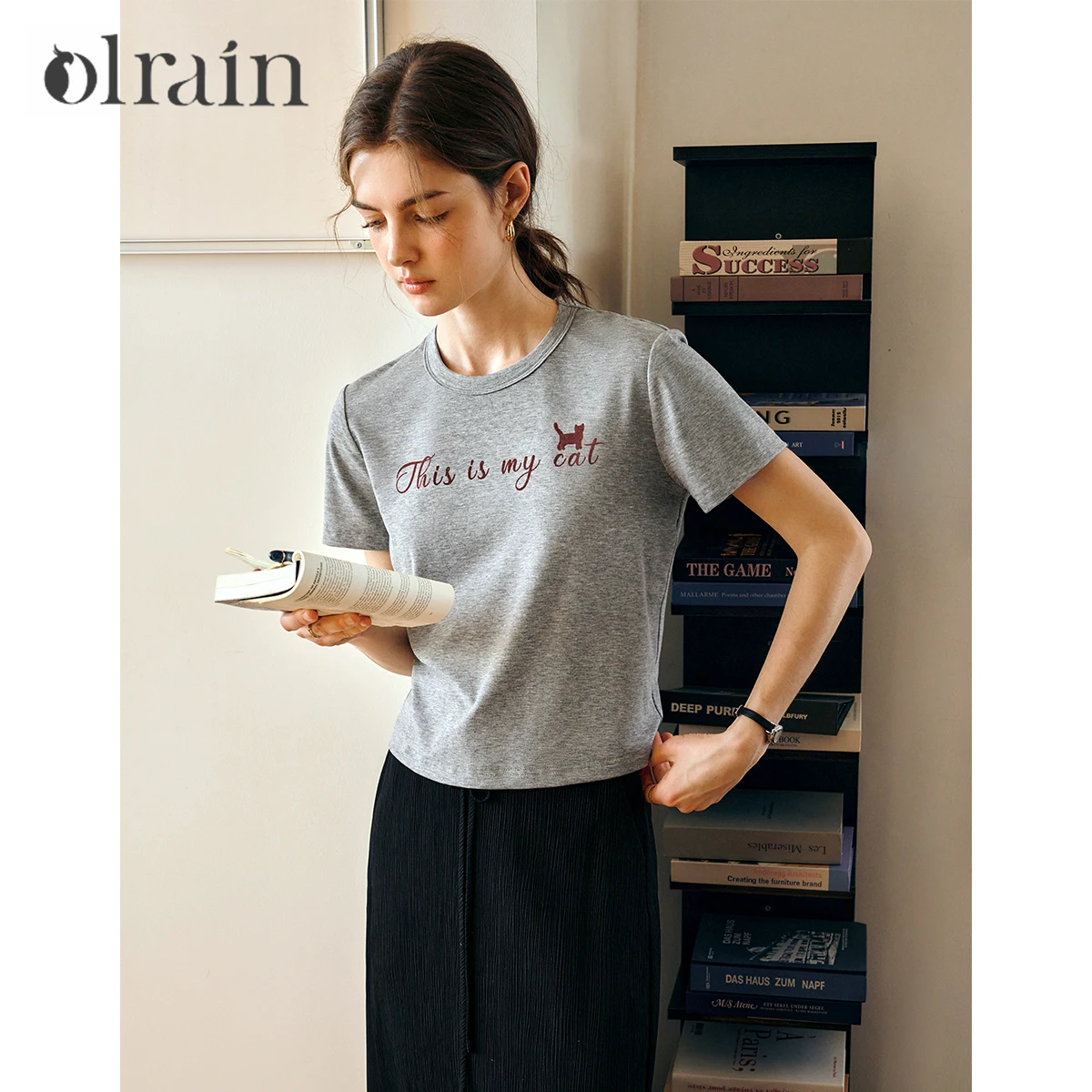 

OLrain Lyocell Summer Woman Grey T-shirt Classic Style Printed O Neck Top Casual Comfortable Straight Top Ladies O57XT96395