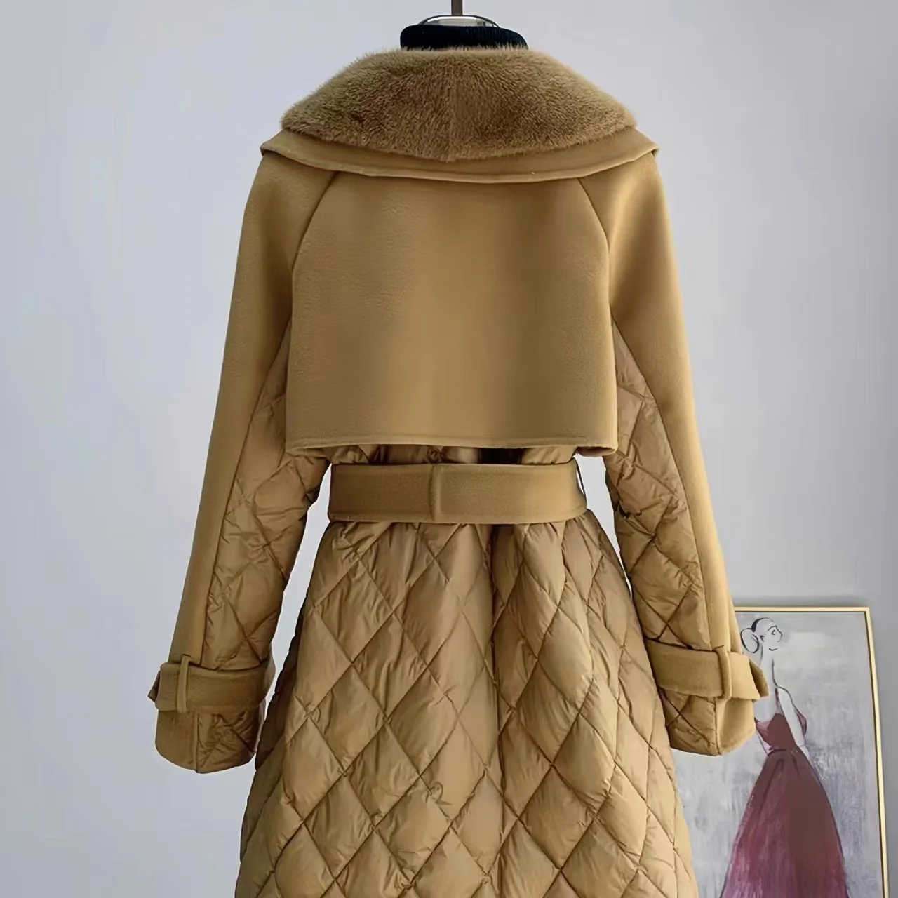 Single Breasted Woolen Coat for Women,Faux Fur Collar Jackets,Windbreaker, Adjustable Waist,England Style, New, Winter