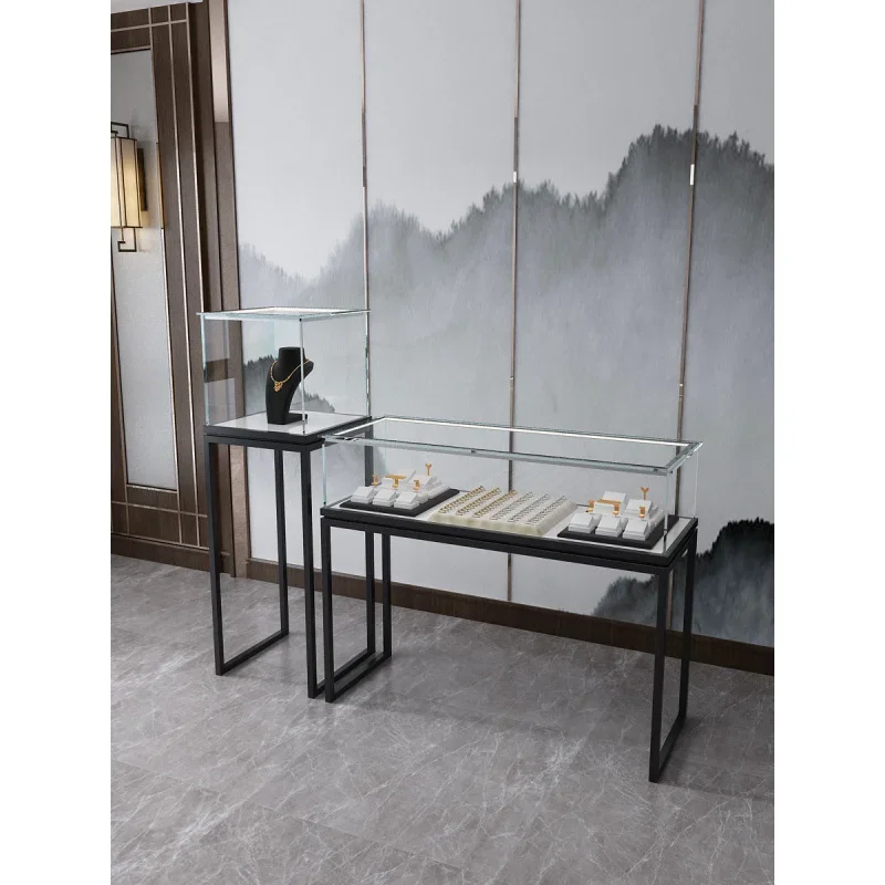 High-end jewelry jewelry cabinet boutique tempered glass iron stainless steel display rack jade necklace earrings table