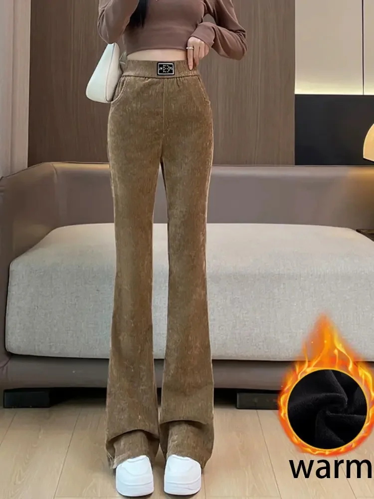 Velvet Thickened Elastic Bootcut Pants Women's Casual Straight Wide Leg Pantalones Slim Korean Fashion Warm Trousers Hosen