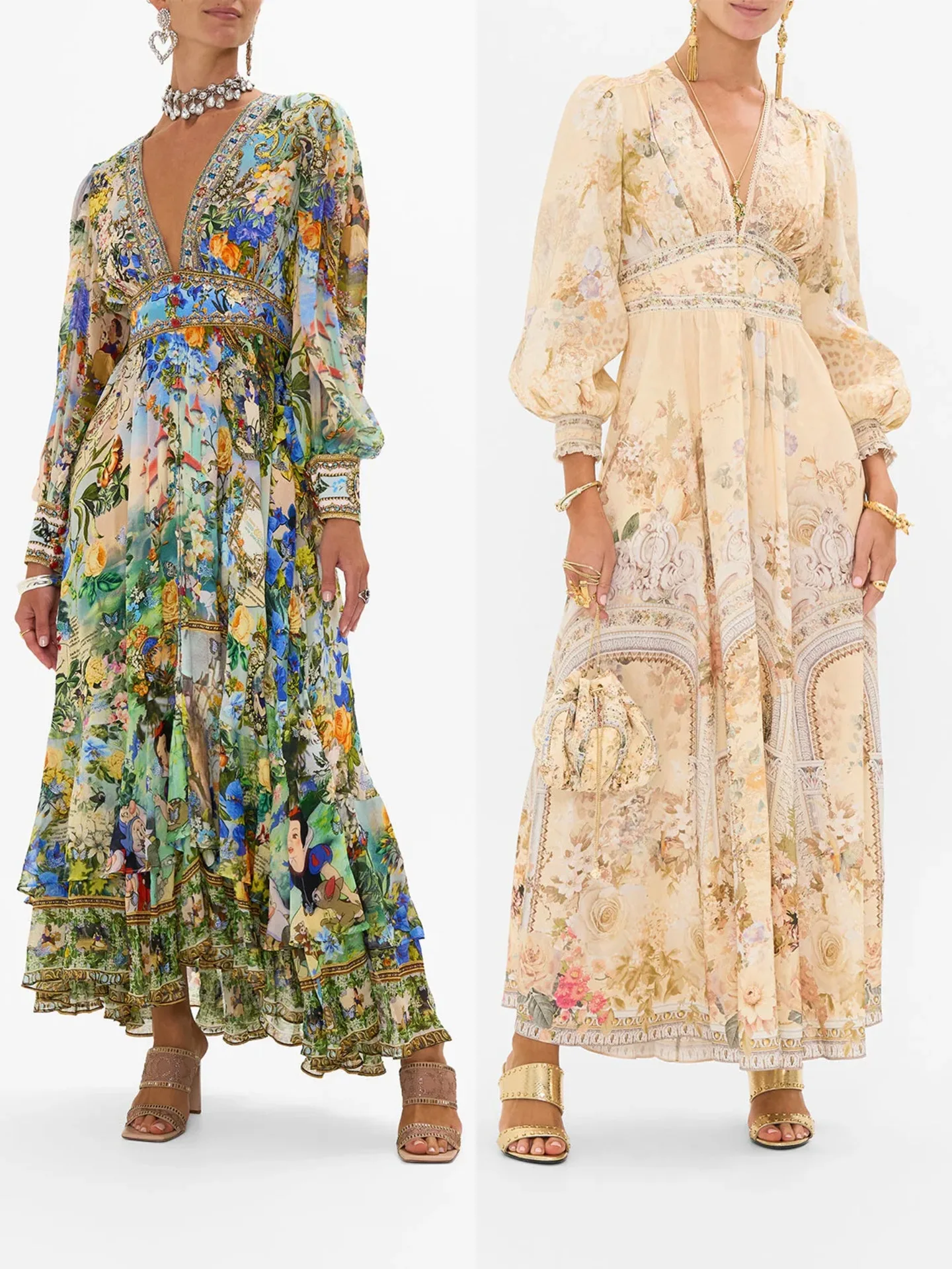 

European and American New Arrival Hot Sale PrintingVCollar Long-Sleeved Bubble Sleeve Waist-Tied Summer New Women's Clothes