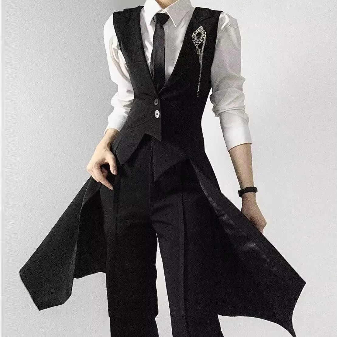 Black Tailcoat Long Version Vest Neutral Style High-End Slim College Style Shoulder Pad Vest Tank Top for Men And Women