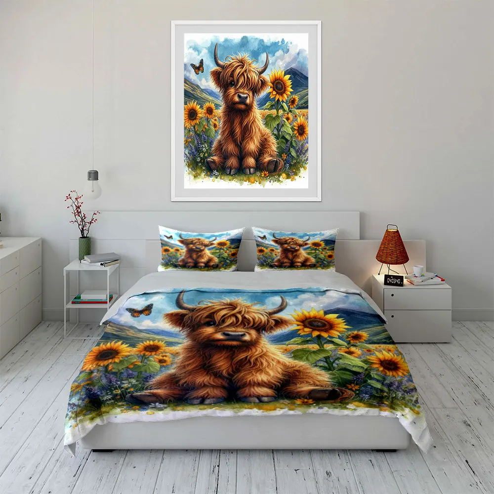 Cute little Highland cows with sunflowers Print Soft Comfortable Duvet Cover Bedding Set Included 1*Duvet Cover  2*Pillowcases