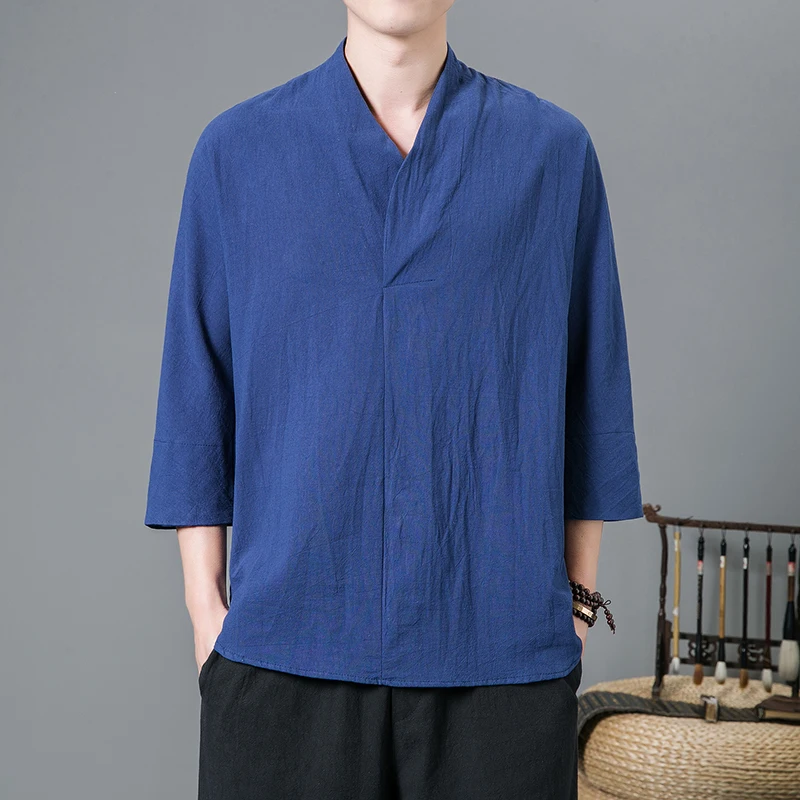 Hemp เสื้อผู้ชาย2023บุรุษฤดูใบไม้ผลิแขนยาว V-Neck เสื้อผู้ชาย Pure Slim Fit สไตล์จีนผ้าลินินชายเสื้อเสื้อลำลอง