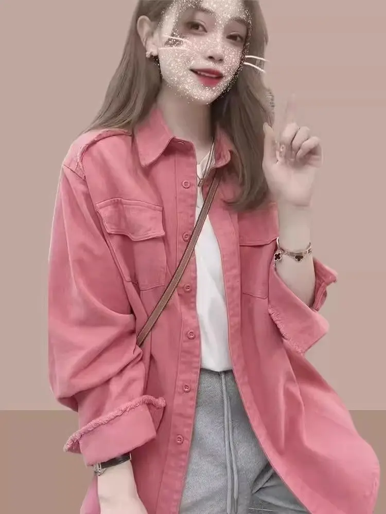 

Spring 2026 Women's Pink Denim Casual irt Loose Fit Long Sve Collar Cardigan Sle Cotton 00% Bubble Sve
