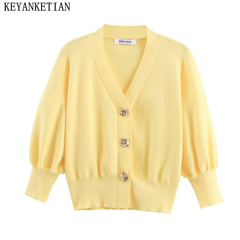 

KEYANKETIAN, осенняя новая женская одежда, металлическая однобортная однобортная куртка с v-образным вырезом и рукавами-фонариками, однотонная вязаная куртка, женский свитер